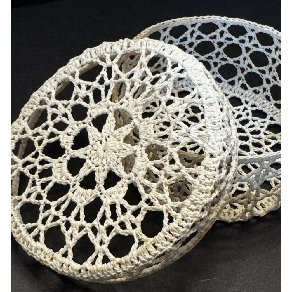 Vintage Crocheted Lidded Trinket Box Stiff Starched Cottagecore Boho Coastal